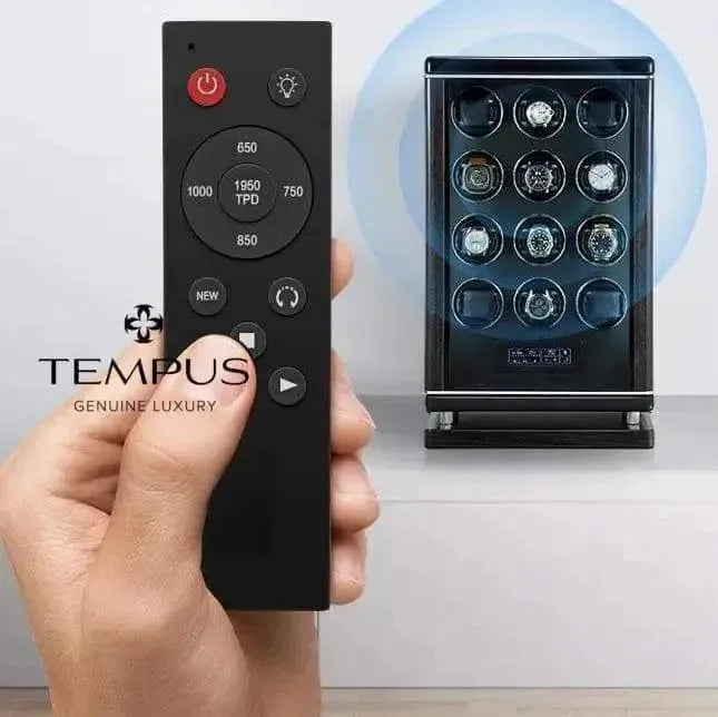 A hand holds a black remote, demonstrating the advanced remote control of the Tempus Luxury Watch Winder for 1 Automatic Watch. The TEMPUS Genuine Luxury logo is visible beside the glass watch winder and watch.