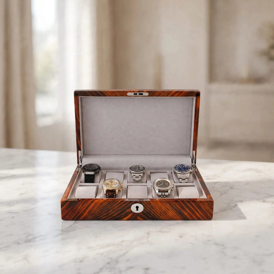 Tempus 10-Watch Box in Tiger-Striped Wood with Fingerprint Lock