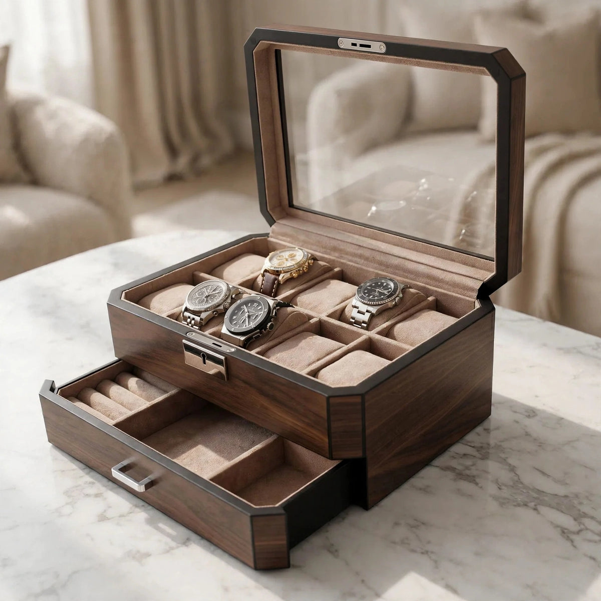 Tempus 10-Watch Box in Walnut Wood with Fingerprint Lock