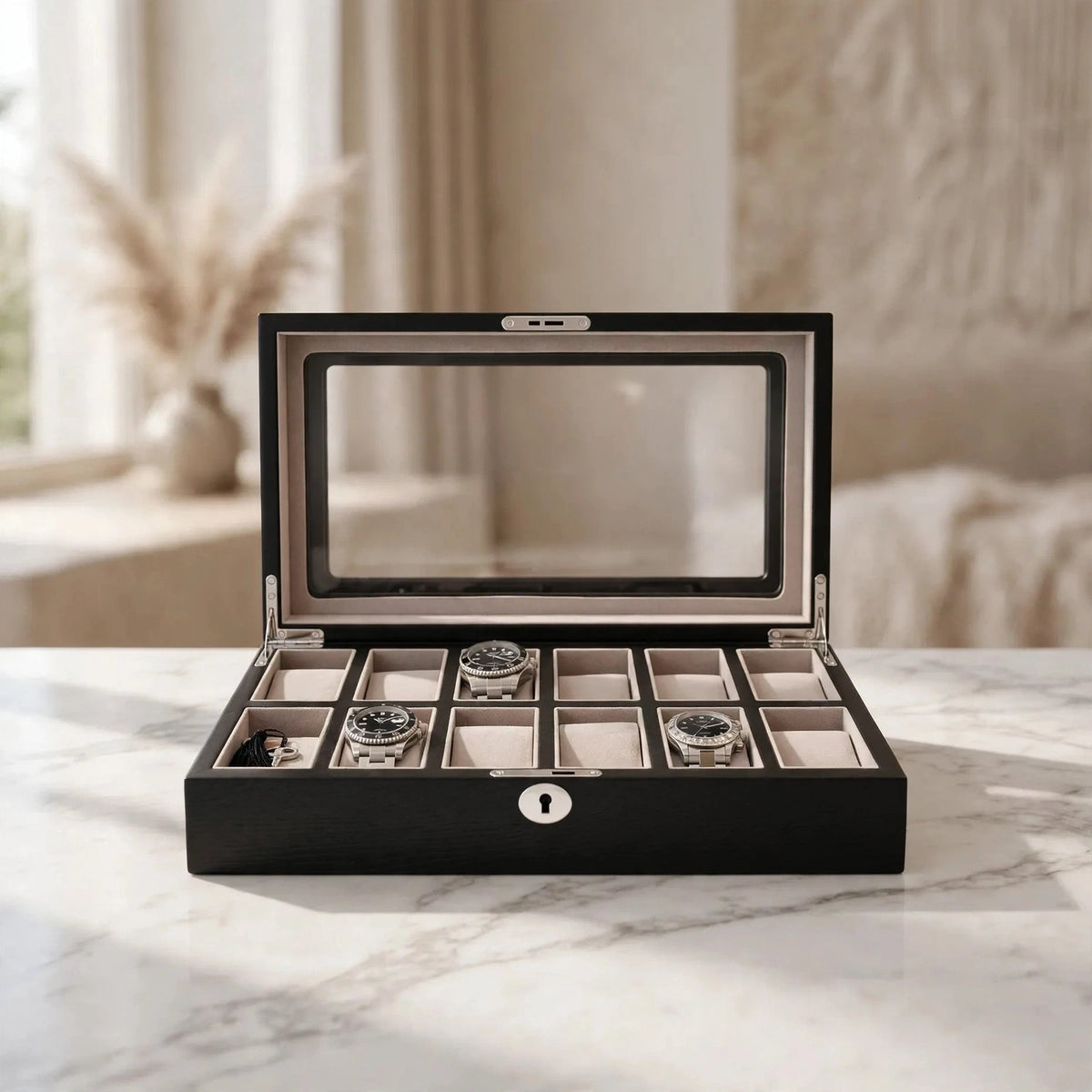 Tempus 12-Watch Box in Black Oak Veneer