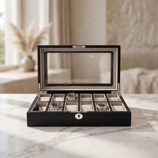 Tempus 12-Watch Box in Black Oak Veneer