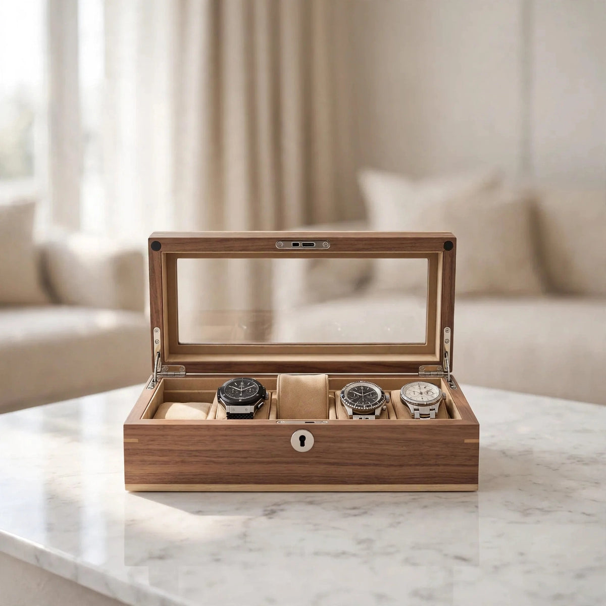 Tempus 5-Watch Box in Walnut Wood with Fingerprint Lock