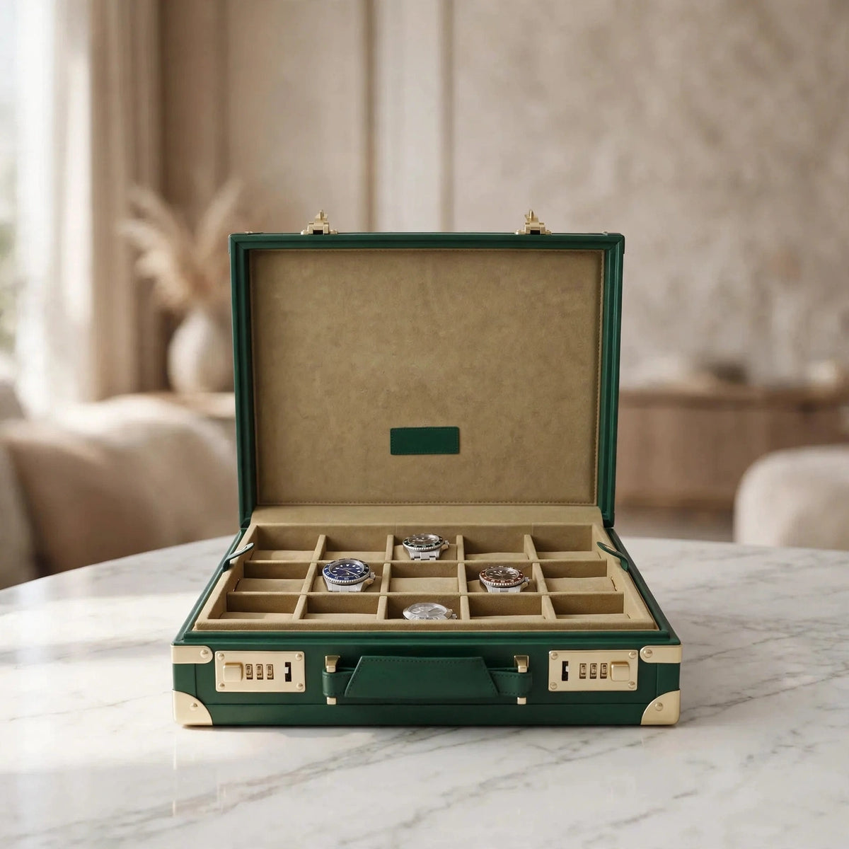Tempus 15-Watch Briefcase in Green Leather with Lift-Out Tray
