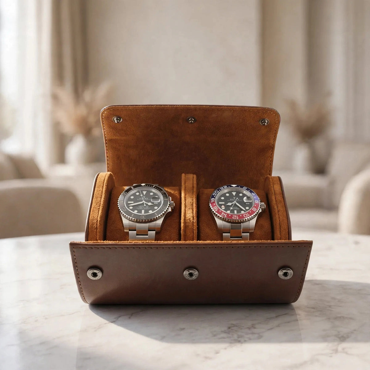 Tempus Double Watch Roll in Brown Leather