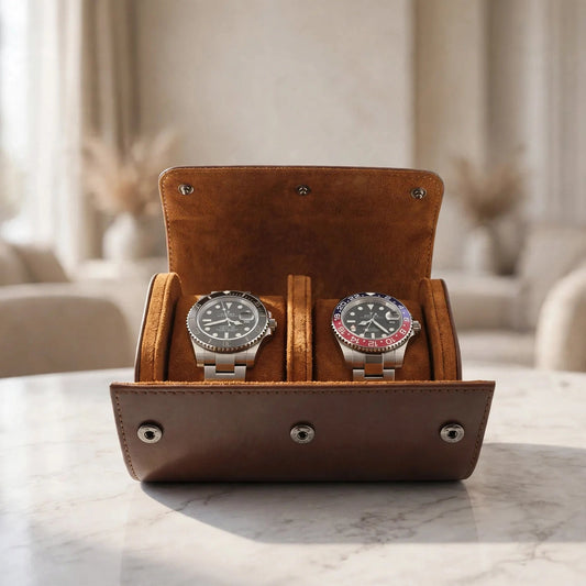 Tempus Double Watch Roll in Brown Leather