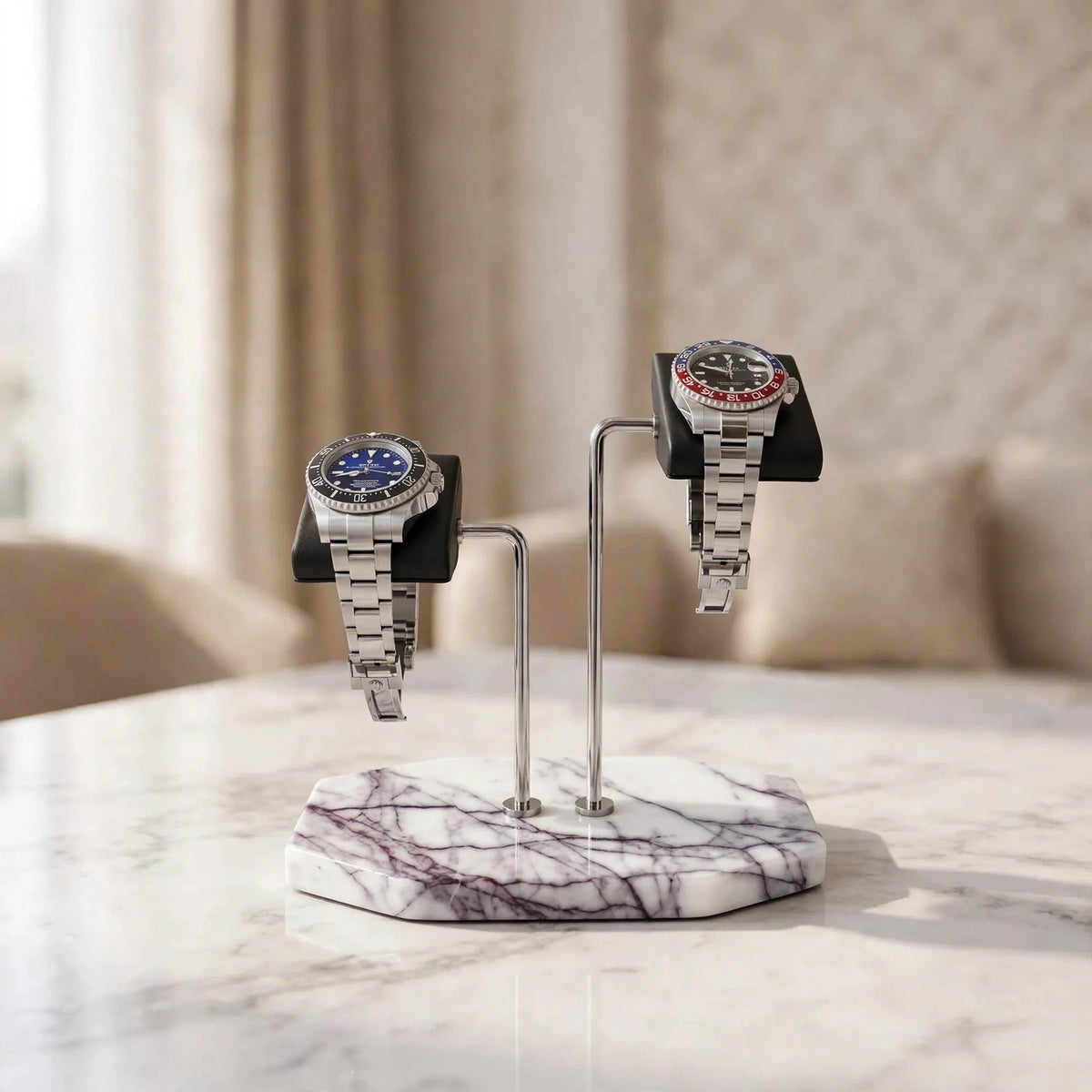 Tempus Double Watch Stand – White Marble with Violet Veining,