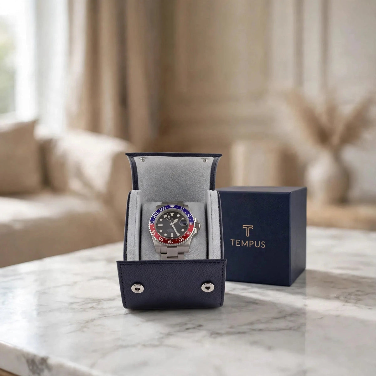 Tempus Single Watch Roll in Navy Saffiano Leather