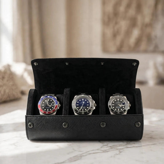 Tempus Triple Watch Roll in Black Saffiano Leather