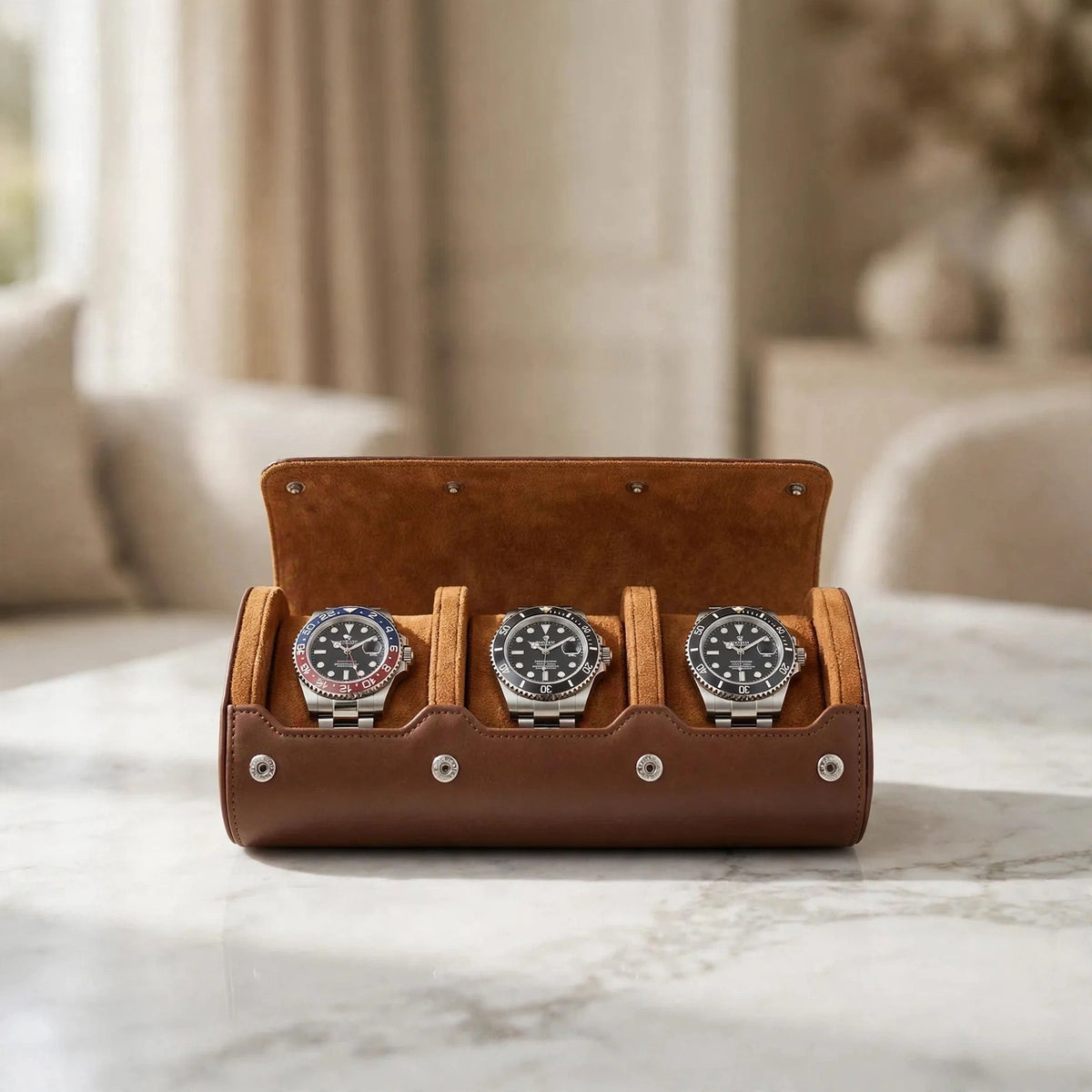 Tempus Triple Watch Roll in Brown Leather