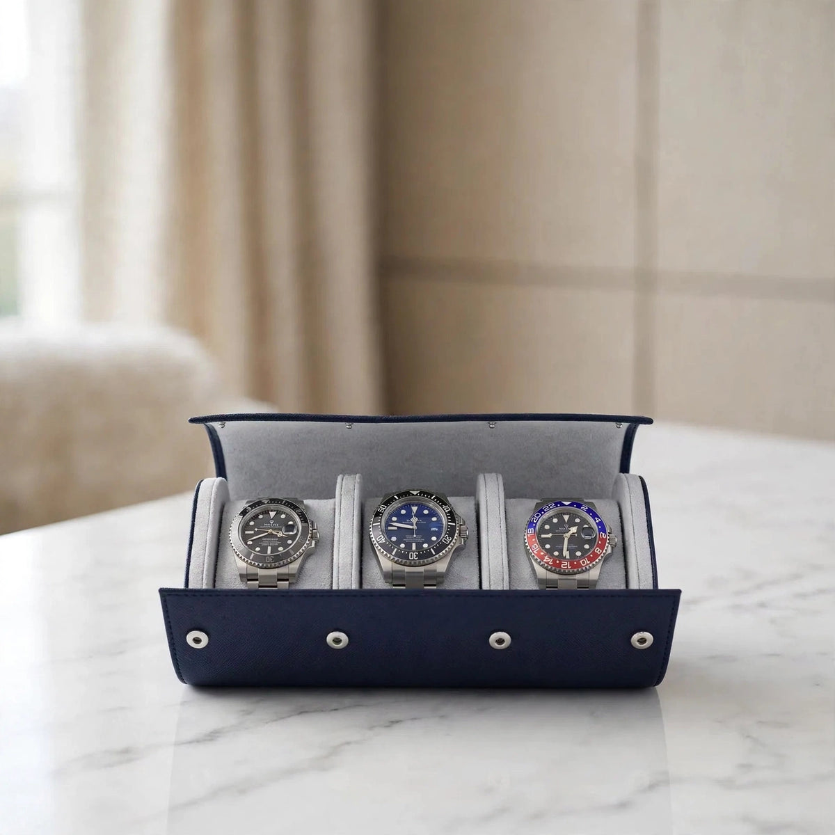 Tempus Triple Watch Roll in Navy Saffiano Leather