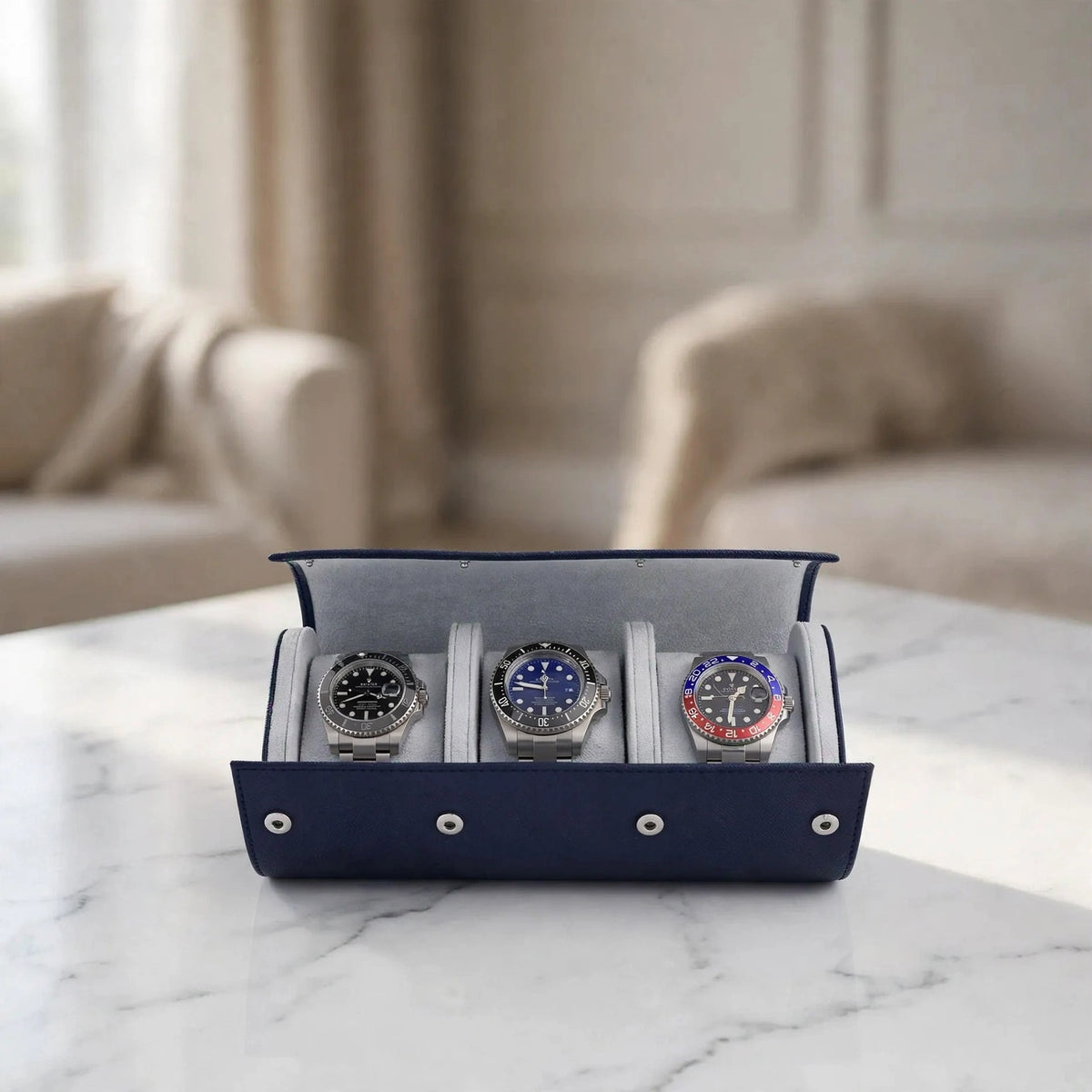 Tempus Triple Watch Roll in Navy Saffiano Leather
