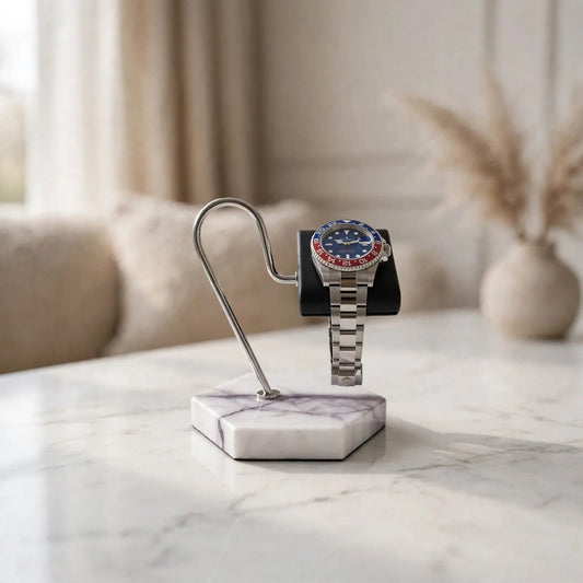 Tempus Watch Stand – White Marble with Violet Veining, Black Leather