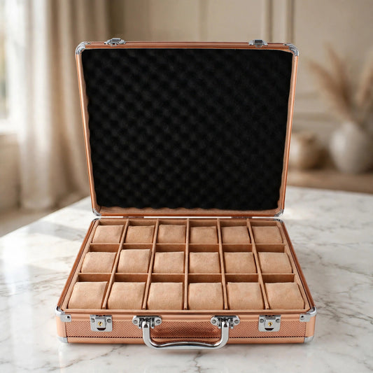 Tempus 18-Watch Briefcase in Rose Gold with Lift-Out Tray