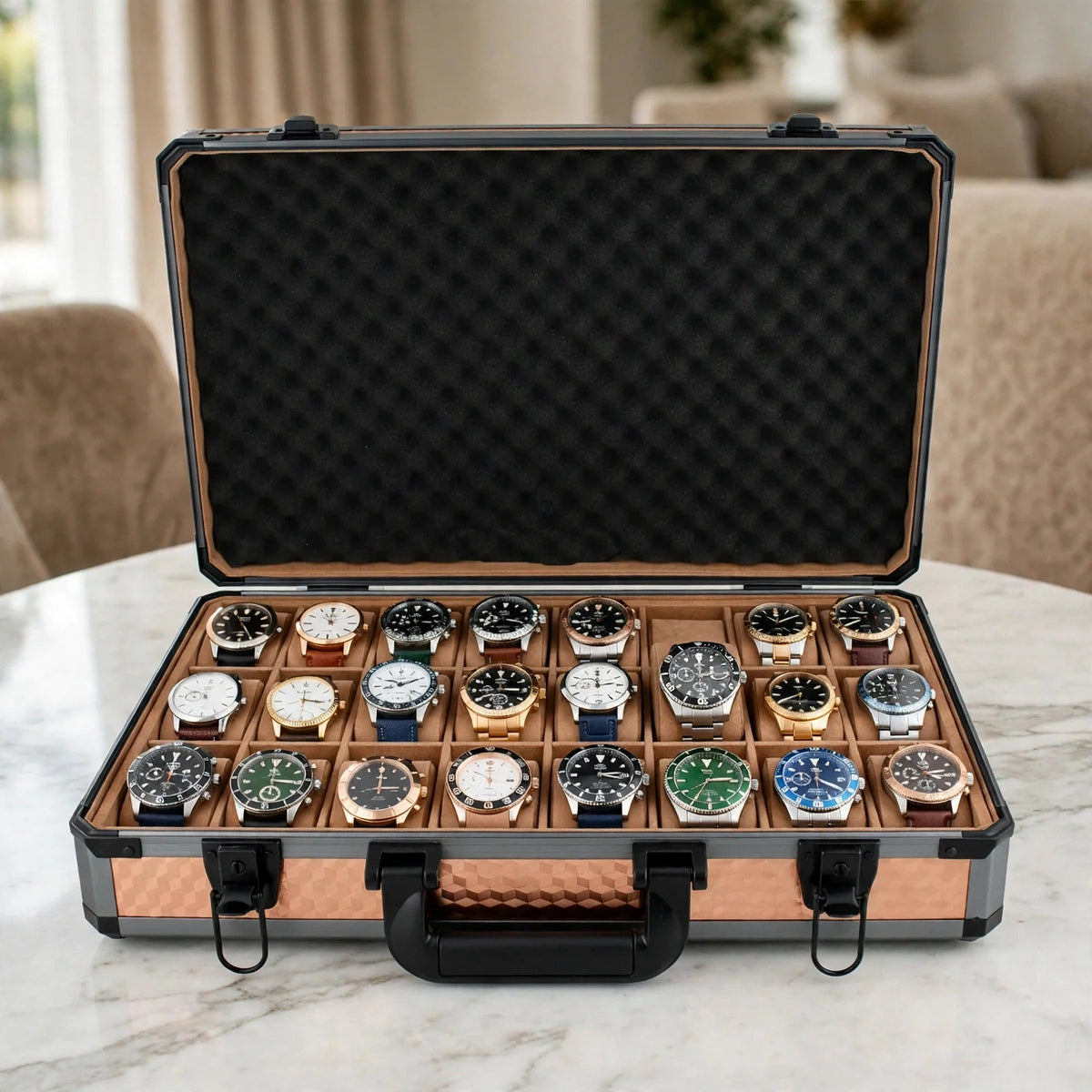 Tempus 24-Watch Briefcase in Rose Gold with Lift-Out Tray