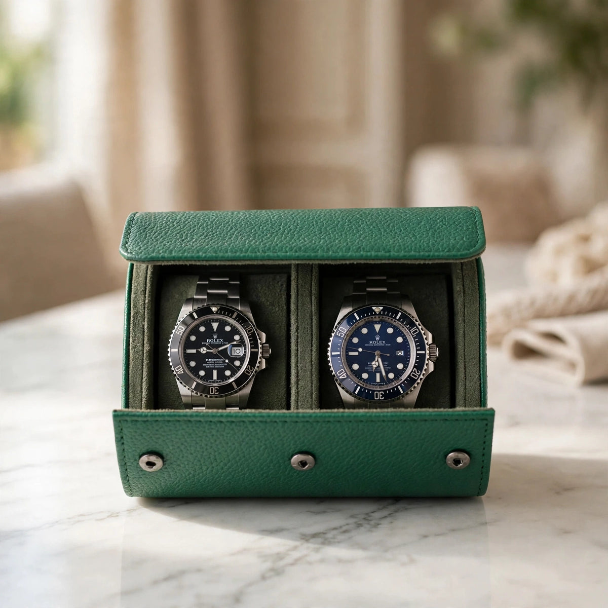 Tempus Double Watch Roll in Green Leather