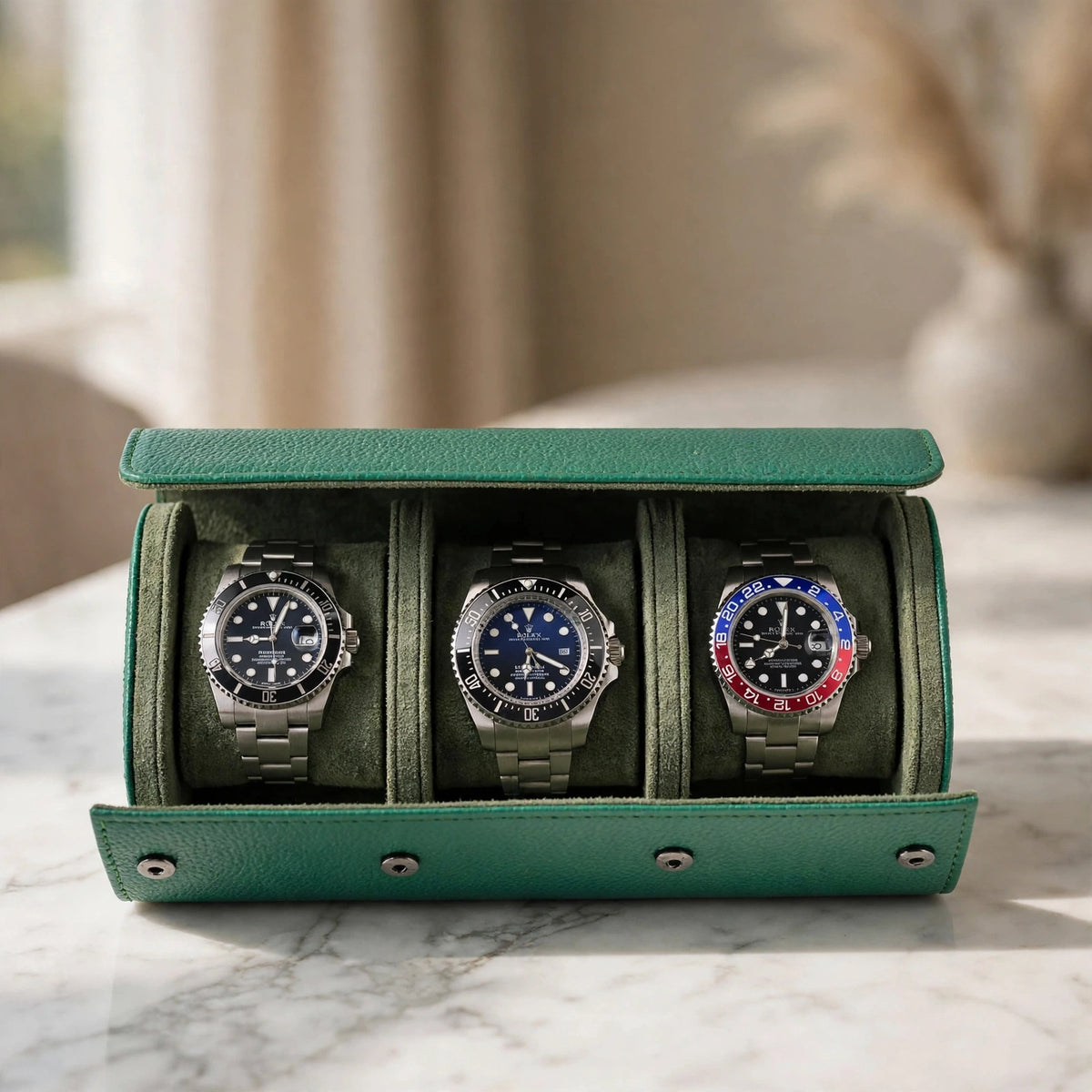 Tempus Triple Watch Roll in Green Leather