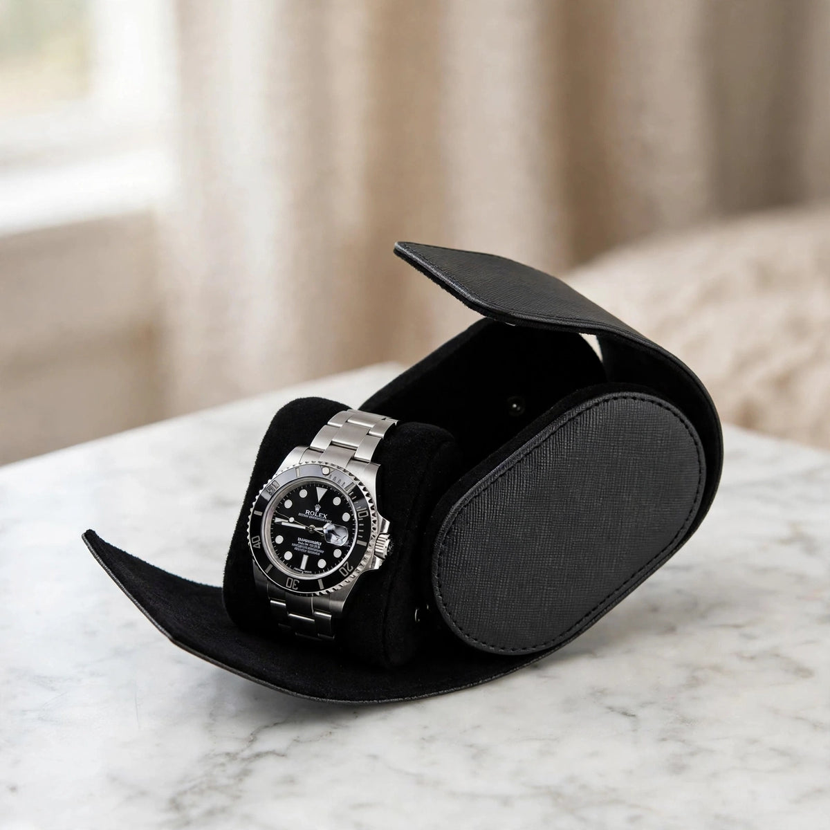 Tempus Single Watch Roll in Black Saffiano Leather