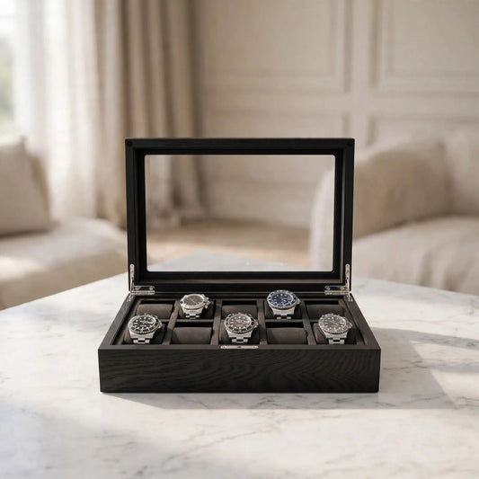 Tempus 10-Watch Box in Black Oak Veneer with Fingerprint Lock