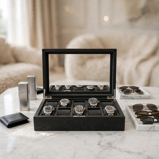Tempus 10-Watch Box in Black Oak Veneer with Fingerprint Lock with