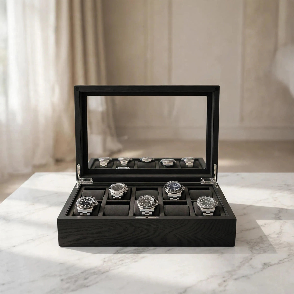 Tempus 10-Watch Box in Black Oak Veneer with Fingerprint Lock with