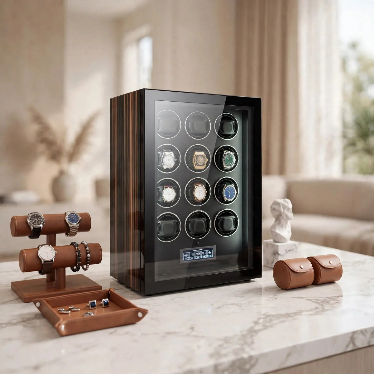 Tempus 12-Watch Automatic Winder with Touch Screen in luxury setting
