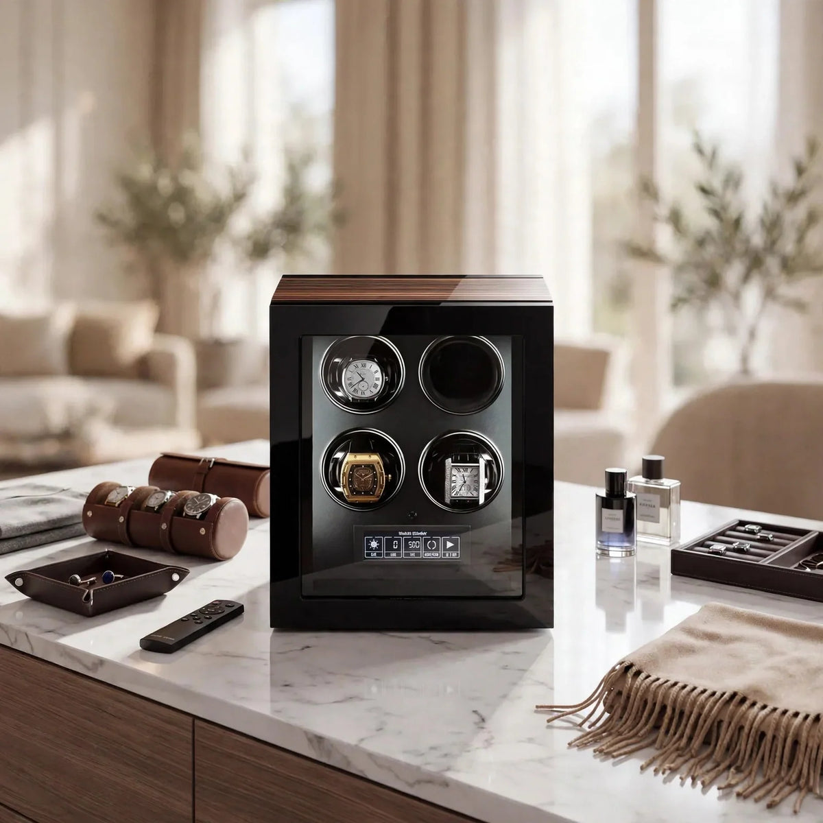 Tempus 4-Watch Automatic Winder with Touch Screen in luxury setting