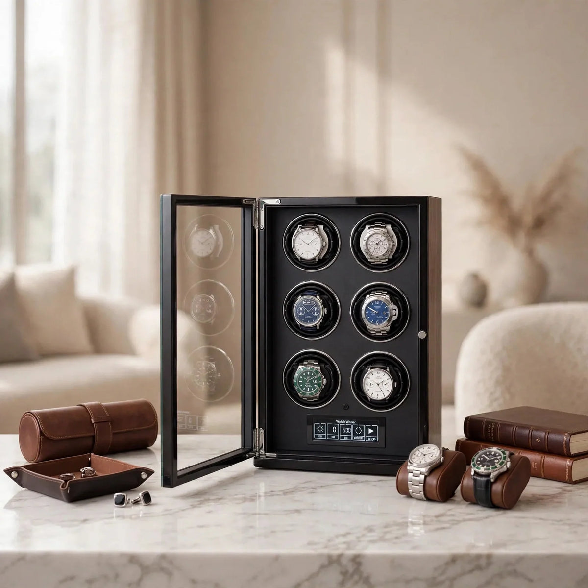 Tempus 6-Watch Automatic Winder with Touch Screen in luxury setting