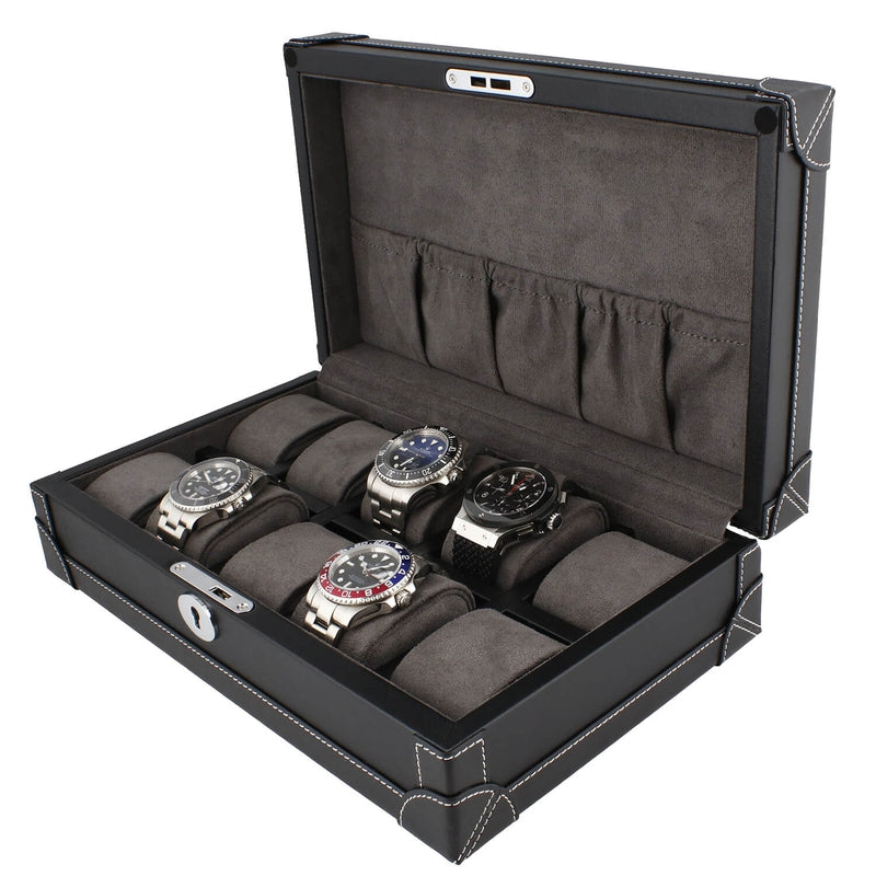 10 Watch Box in Black Vegan Leather with Plush Lining by Aevitas