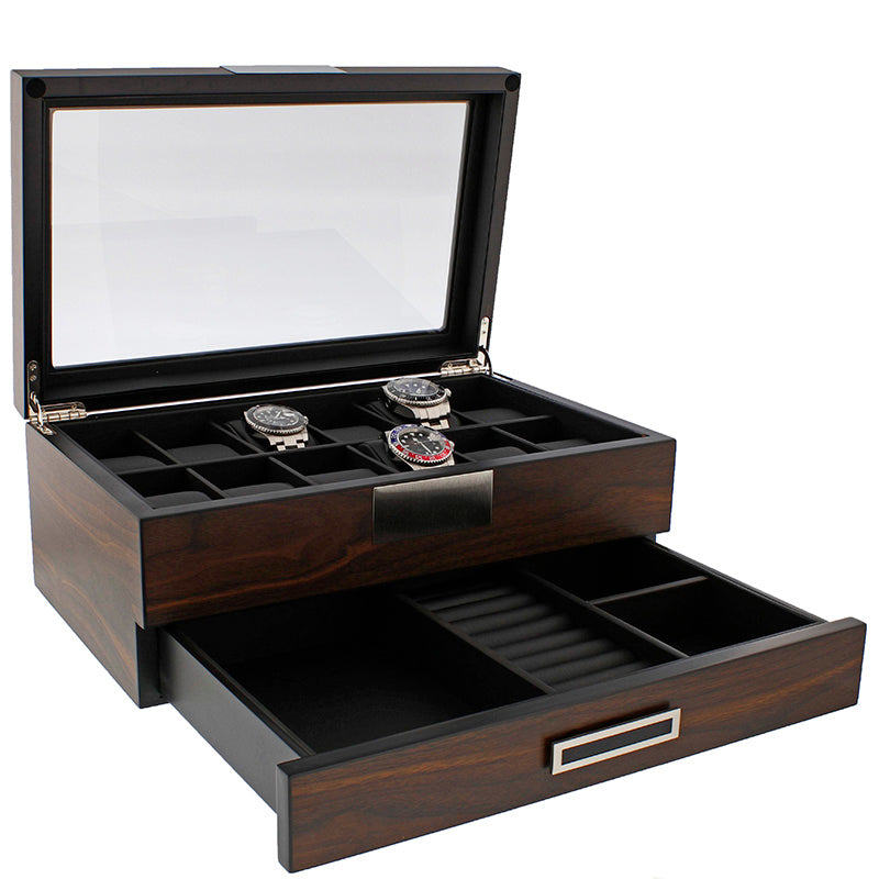 12 Watch Box plus Extra Storage in Natural Dark Walnut Veneer Finish by Aevitas - Swiss Watch Store UK
