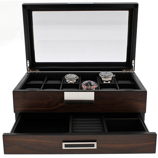 12 Watch Box plus Extra Storage in Natural Dark Walnut Veneer Finish by Aevitas