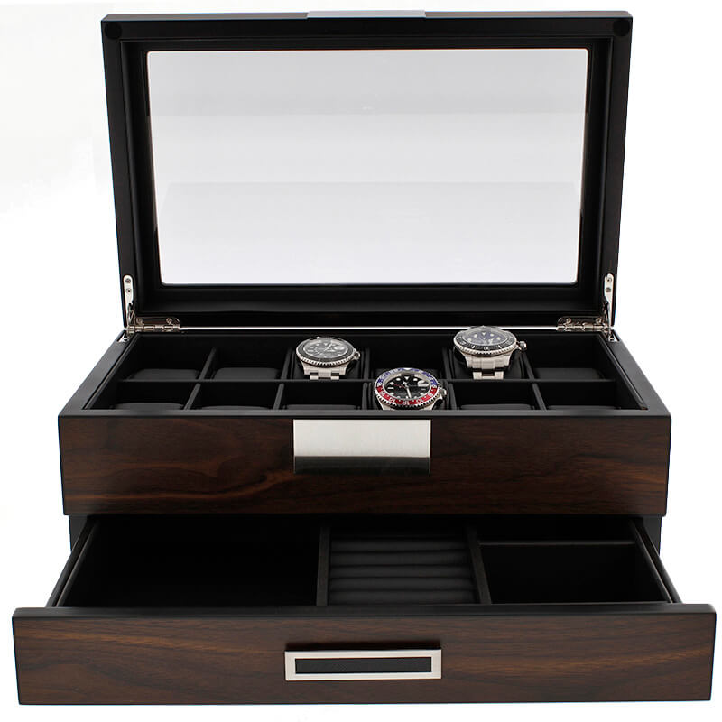 12 Watch Box plus Extra Storage in Natural Dark Walnut Veneer Finish by Aevitas - Swiss Watch Store UK