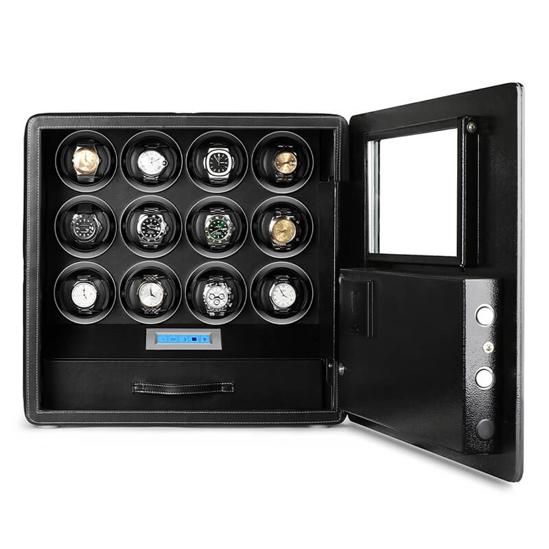 12 Watch Winder Safe Luxury Black Leather with Contrast Stitching by Aevitas - Reduced