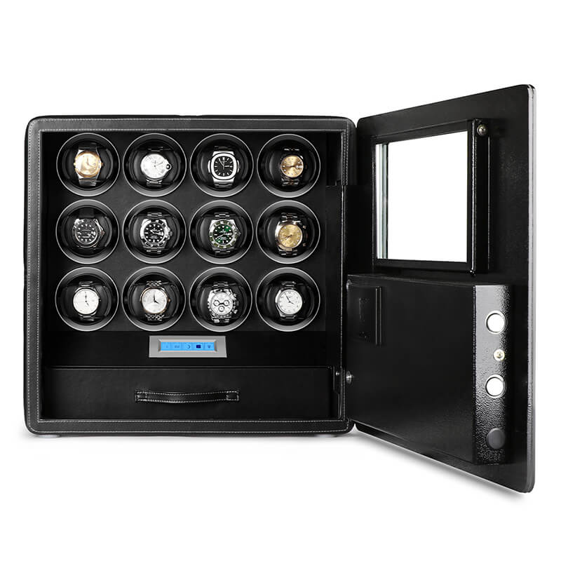12 Watch Winder Safe Luxury Black Leather with Contrast Stitching by Aevitas - Reduced - Swiss Watch Store UK