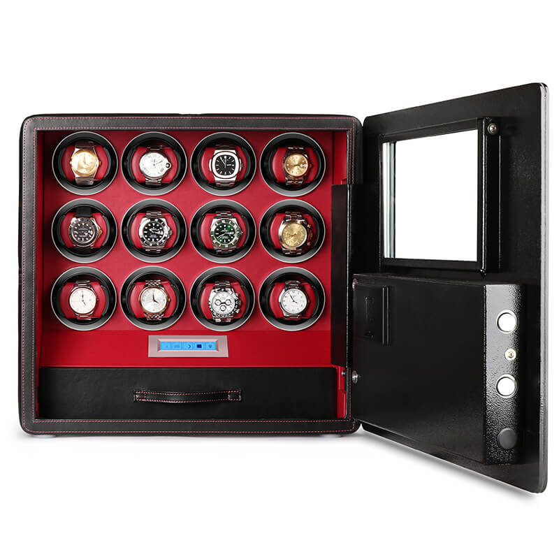 12 Watch Winder Safe Luxury Black Leather with Red Interior by Aevitas B GRADED