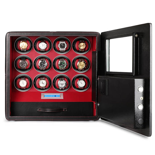 12 Watch Winder Safe Luxury Black Leather with Red Interior by Aevitas B GRADED