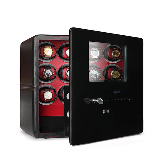 12 Watch Winder Safe Luxury Black Leather with Red Interior by Aevitas - Swiss Watch Store UK