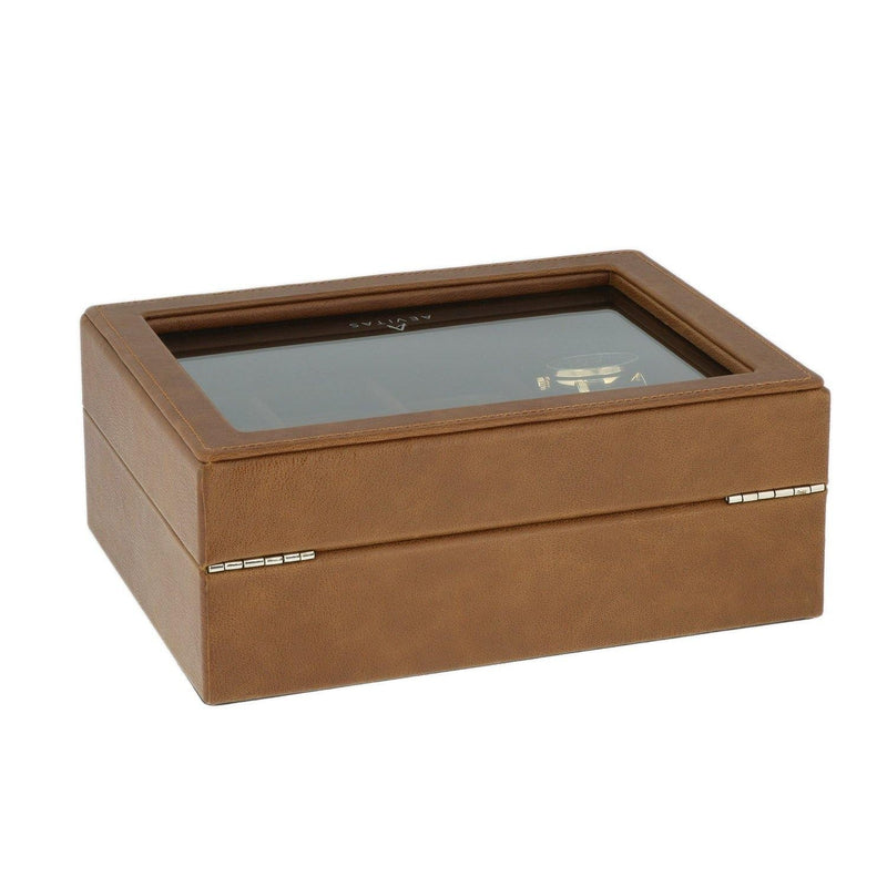 16 Cufflinks and 4 Piece Watch Box in Cognac Brown Genuine Leather Wood by Aevitas