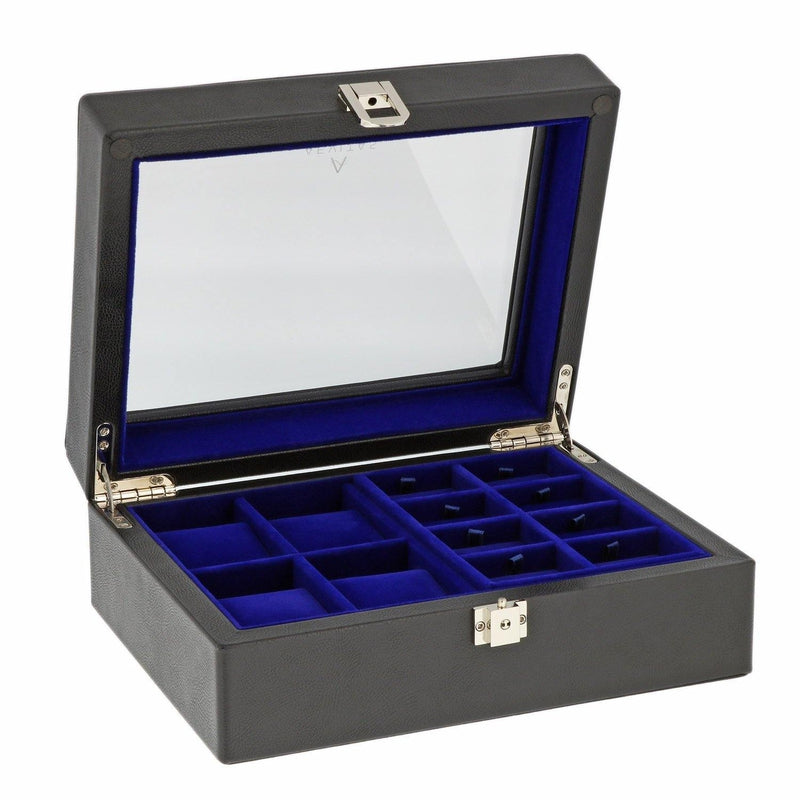 16 Pair Cufflinks and 4 Piece Watch Box in Black Leather