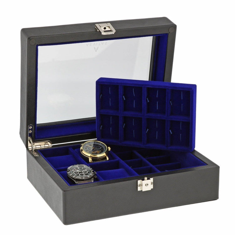 16 Pair Cufflinks and 4 Piece Watch Box in Black Leather