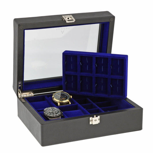 16 Pair Cufflinks and 4 Piece Watch Box in Black Leather