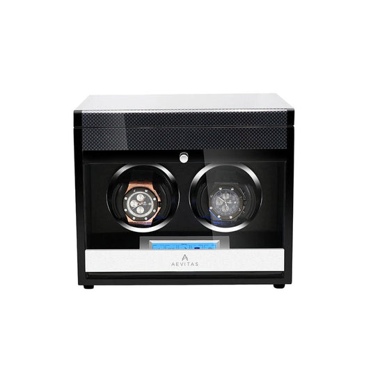 2 Watch Winder Carbon Fibre with Extra Storage Area by Aevitas - Swiss Watch Store UK
