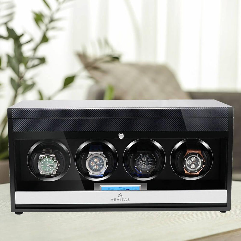 4 Watch Winder in Carbon Fibre with Extra Storage Area by Aevitas - Swiss Watch Store UK