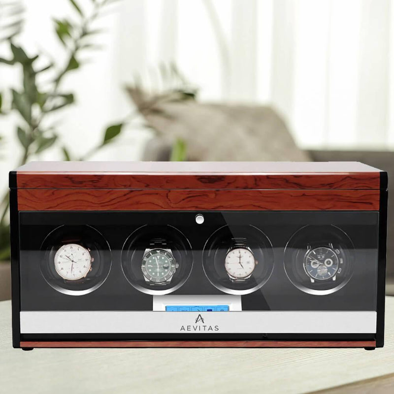 4 Watch Winder with Extra Storage Wood Veneer Finish by Aevitas - Special Offer - Swiss Watch Store UK