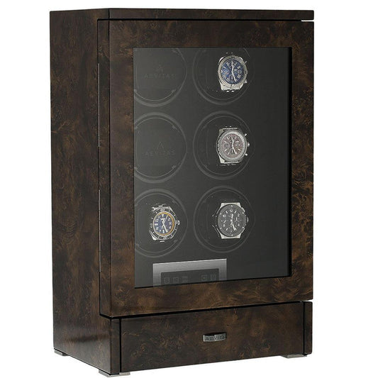 6 Watch Winder Dark Burl Wood Finish the Tower Series by Aevitas - Swiss Watch Store UK