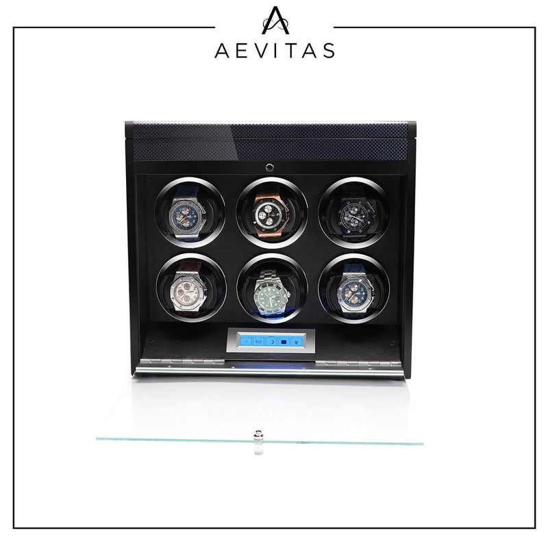 6 Watch Winder in Carbon Fibre with Extra Storage Area by Aevitas - Swiss Watch Store UK