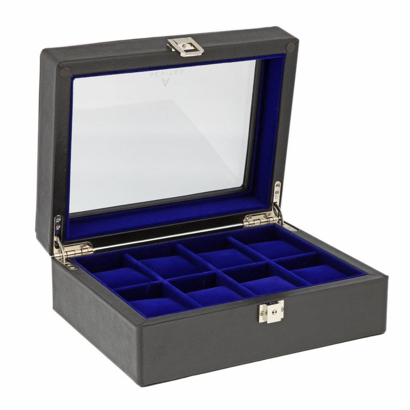 8 Watch Box Black Genuine Leather Royal Blue Velvet Lining by Aevitas - Swiss Watch Store UK
