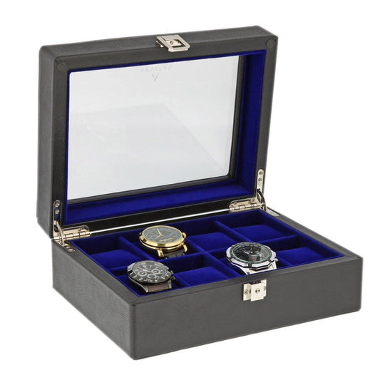 8 Watch Box Black Genuine Leather Royal Blue Velvet Lining by Aevitas - Swiss Watch Store UK