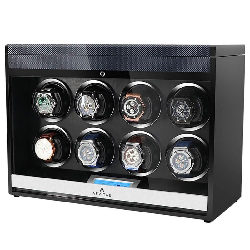 8 Watch Winder in Carbon Fibre Finish with Extra Storage by Aevitas - Swiss Watch Store UK