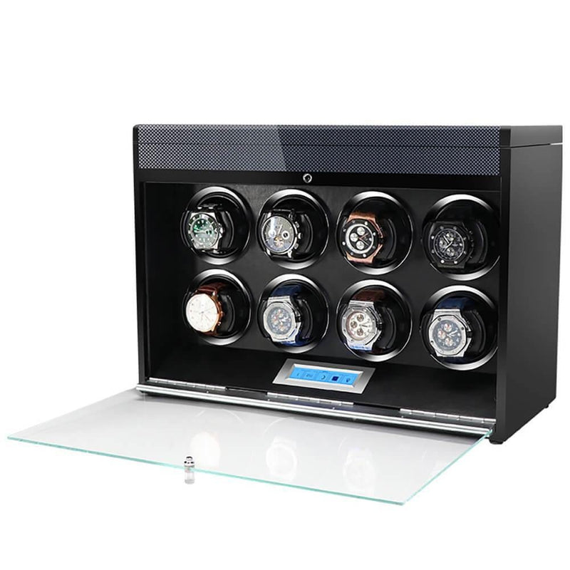 8 Watch Winder in Carbon Fibre Finish with Extra Storage by Aevitas - Swiss Watch Store UK