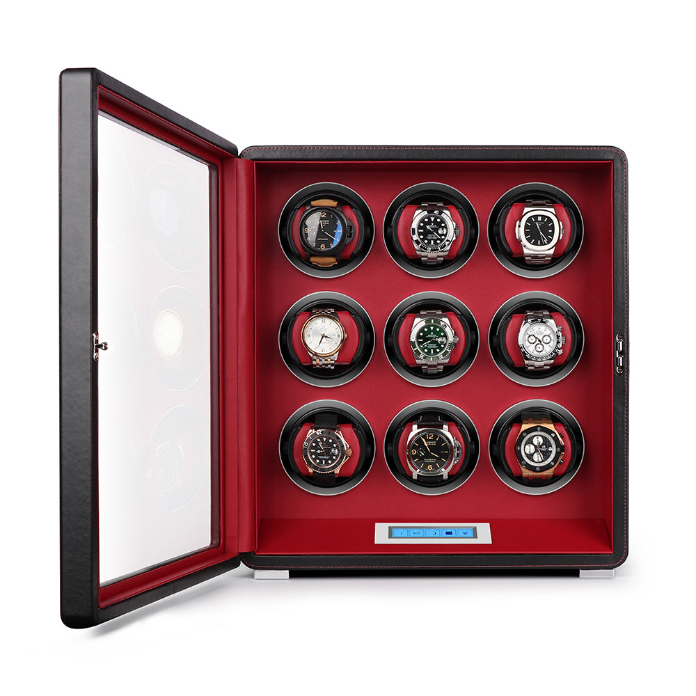 9 Watch Winder in Smooth Black Leather Finish by Aevitas UK - Swiss Watch Store UK